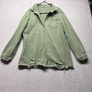 Green‎ Women’s XL Denim Distressed Jacket Snap Button Ripped Grunge Moto